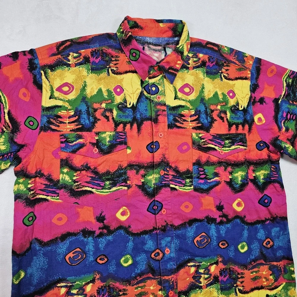 Vtg Wrangler Shirt Mens XL Brushpopper Bright Loud Bull Skull Tie Dye Groovy - Picture 2 of 13